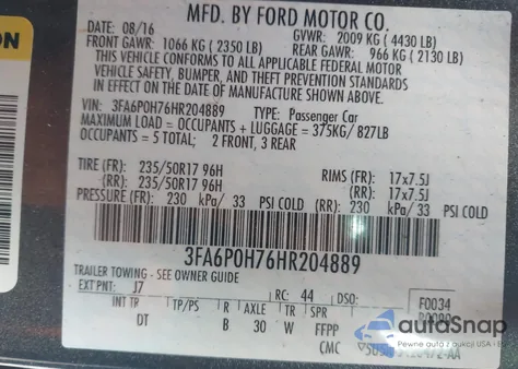 2017 Ford Fusion Se из США, поврежденный, VIN 3FA6P0H76HR204889